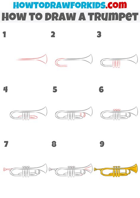 how to draw a trumpet step by step How To Draw A Trumpet Easy, How To Draw A Trumpet, Trumpet Drawing Easy, How To Draw Instruments, Trumpet Sketch, Trumpet Painting, Trumpet Drawing, Trumpet Art, Small Music Tattoos