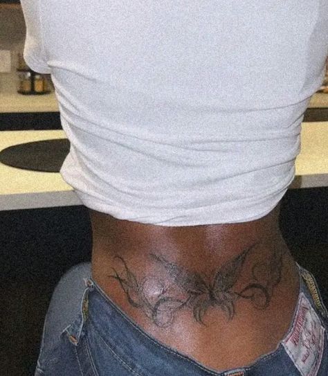 Cover Up Back Tattoos Female Black, Stomach Tattoos Women Black, Woman Lower Stomach Tattoo, Trap Stamp Tattoos Black Women, Lower Back Star Tattoos, Trampstamp Tattoo Cover Up, Waist Tattoos Black Women, Tramp Stamp Tattoos With Dermals, Little Chest Tattoo Female