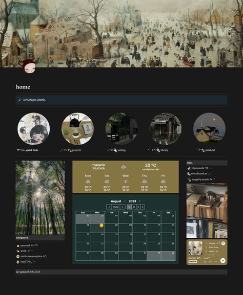 Vintage Notion Template, Notion Dashboard Ideas Aesthetic Dark, Notion Set Up, Notion Templets, Dark Notion, Notion Dashboard Ideas Aesthetic, Notion Dashboard Ideas, Notion Home Page, Notion Agenda