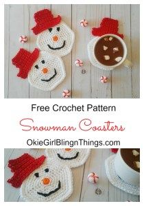 Snowman Coasters - Free Crochet Pattern - OkieGirlBling'n'Things Snowman Coasters, Crocheted Snowman, Coastal Fashion, Crochet Coasters Free Pattern, Confection Au Crochet, Crochet Snowman, Crochet Coaster Pattern, Christmas Coasters, Snowmen Patterns