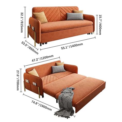 Milie 48 Inch Sleeper Sofa Dark Orange Velvet Upholstered Convertible 3 In 1 Convertible Sofa Bed With Storage Headboard Pillows And Side Pockets - hernest Headboard Pillows, Sofa Come Bed, Attic Bed, Bed With Storage Headboard, Loveseat Sofa Bed, Sofa Cum Bed, Home Engineering, Stylish Bedroom Decor, Orange Sofa