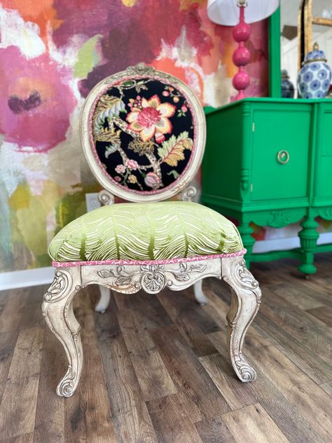 Beautiful oversized whimsical chair. Can be used as a pair in living room or at the end of a dining room table. Price is per chair and shipping is separate. I will do my best to get the best rate possible. Please message me if you have any questions prior to purchasing. Follow me for more products on Instagram @ chicitsimpleshop or on Facebook @ chicitsimple Thanks, kim Dark Cottage Core Bedroom, Mint Dresser, Chair Whimsy, Furniture Remodel, Diy Furniture Upholstery, Upholstery Chair, Armoire Dresser, Furniture Remodeling, Colorful Cottage