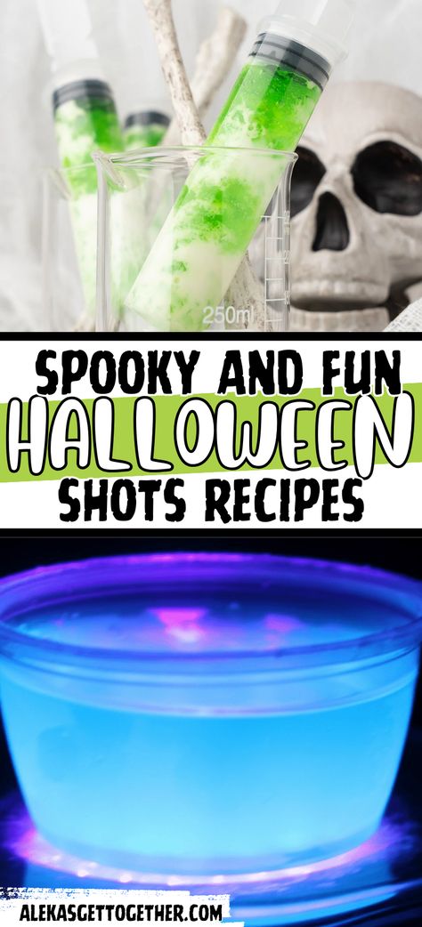 Shots For Halloween Party, Halloween Shots Recipes Easy, Halloween Themed Shots Alcohol, Halloween Drinks Shots, Halloween Shot Recipes Alcoholic, Black Light Jello Shots, Halloween Party Shots Alcohol, Spooky Halloween Shots, Halloween Jello Shots Recipe