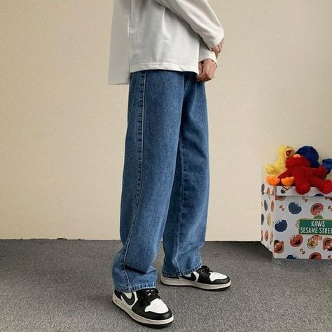 Streetwear Baggy Jeans, Baggy Jeans Men, Men Korean Fashion, Straight Wide Leg Pants, Pants Male, Trendy Denim, All Jeans, Latest Street Fashion, Loose Jeans