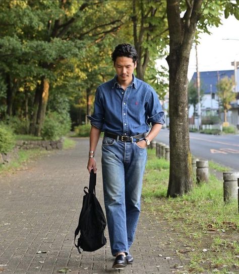 Demin Shirt Outfit, Dad Fits, Denim Shirt Outfit, Denim Outfit Men, Gentleman Outfit, Classy Streetwear, Denim Shirt Men, American Casual, Denim Wear