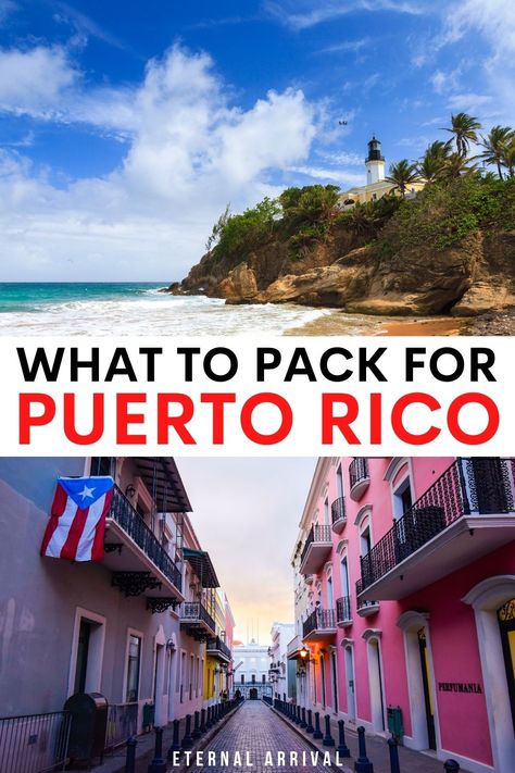 photo of a puerto rican beach on top, bottom photo of the streets of san juan with a puerto rican flag at sunset. text reads 'what to pack for puerto rico' Outfit For Puerto Rico Vacation, Airport Outfit To Puerto Rico, Puerto Rico Trip Packing List, Outfits To Wear To Puerto Rico, What To Pack For Puerto Rico Vacation, Puerto Rico Travel Checklist, What To Wear In Puerto Rico In April, Puerto Rico In March, Puerto Rico Plus Size Outfits