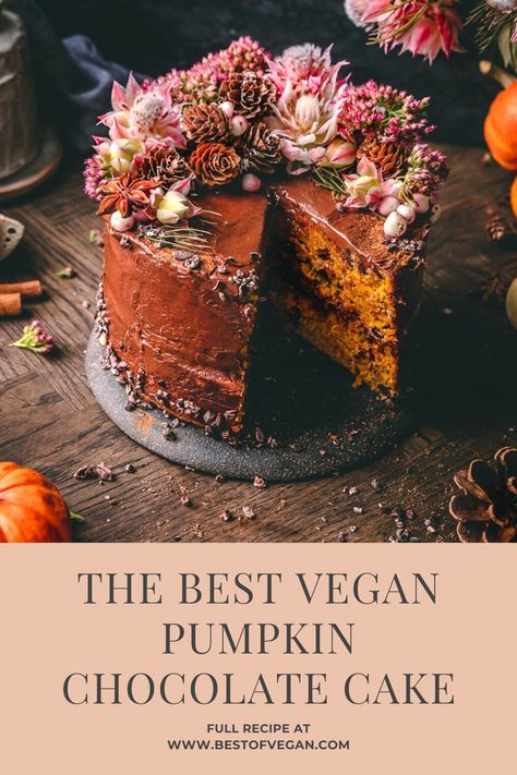 This is the best vegan pumpkin chocolate cake to celebrate autumn in all its glory! It’s soft, decadent, and very addictive. Get the full recipe here. #bestofvegan#vegancake#veganpumpkincake#veganpumpkinrecipe Vegan Sweet Potato Chocolate Cake, Pumpkin Cake Vegan, Cozy Desserts, Pumpkin Torte, Pumpkin Chocolate Cake, Vegan Pumpkin Cake, Pumkin Cake, Halloween Cake Recipes, Vegan Halloween Food