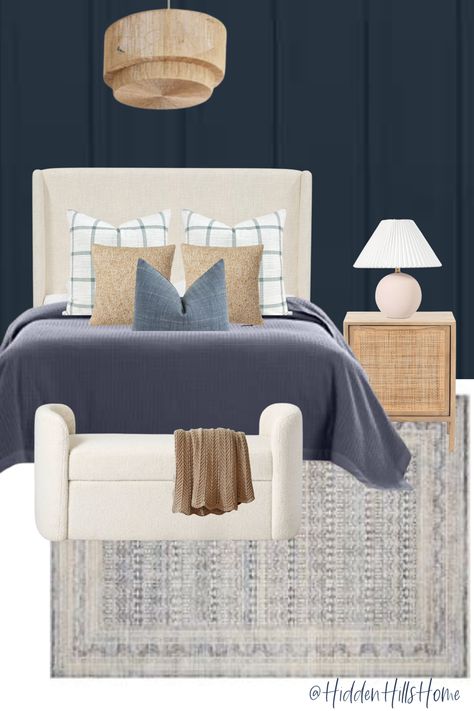 Navy And Tan Bedroom, Cream And Navy Bedroom, Navy Blue And Cream Bedroom, Navy And Cream Bedroom, Navy And Beige Bedroom, Navy Bedding Ideas, Tan And Blue Bedroom, Cream Headboard Bedroom Ideas, Blue And Tan Bedroom