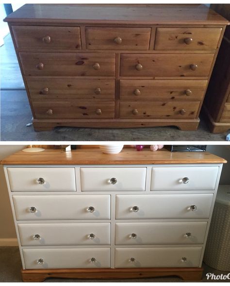 Upcycled Furniture Chest Of Drawers, Drawer Restoration Ideas, Upcycle Pine Chest Of Drawers, Chest Of Drawers Makeover Upcycle, Painted Pine Chest Of Drawers, Upcycling Chest Of Drawers Ideas, Painting Chest Of Drawers Ideas, Pine Chest Of Drawers Makeover, Upcycle Chest Of Drawers