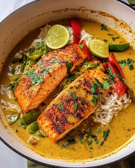 Caribbean Coconut Curry Salmon - Recipessin Curry Salmon Recipes, Coconut Milk Salmon, Green Curry Salmon, Coconut Curry Salmon, Creamy Coconut Sauce, Curry Salmon, Salmon Soup, Salmon Curry, Coconut Curry Sauce