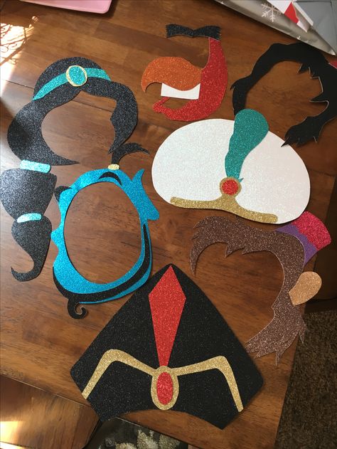 Aladdin, Jasmine, Genie photo booth props Aladdin Photo Booth, Aladdin Theme Party Arabian Nights, Aladdin Crafts For Kids, Jasmine Birthday Party Ideas Decoration, Aladdin Decorations, Aladdin Props, Princess Jasmine Party, Indian Birthday Parties, Arabian Party