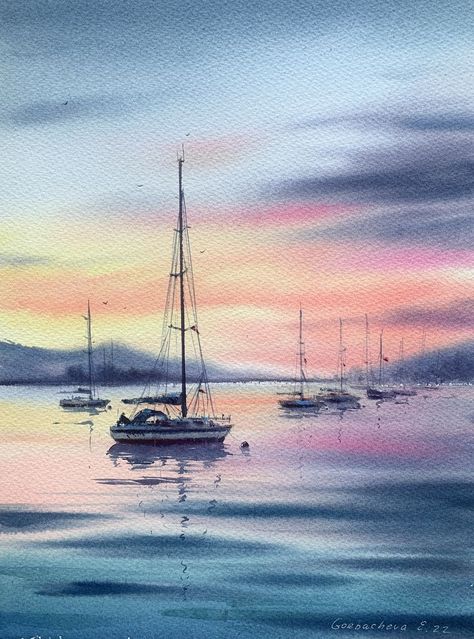 Sailing Art, Watercolor Paintings Nature, Surreal Artwork, Watercolor Sky, Watercolor Paintings For Beginners, Flower Art Drawing, Watercolor Sunset, Watercolor Ocean, Watercolour Inspiration