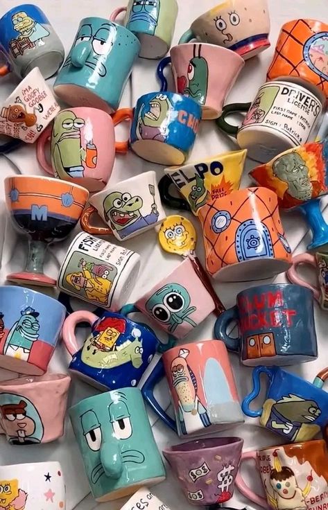 Spongebob Birthday Party, 4th Birthday Cakes, Color Me Mine, Spongebob Birthday, Colored Pencil Artwork, Painted Cups, Diy Crafts To Do, Ceramics Pottery Art, Sculpting Clay