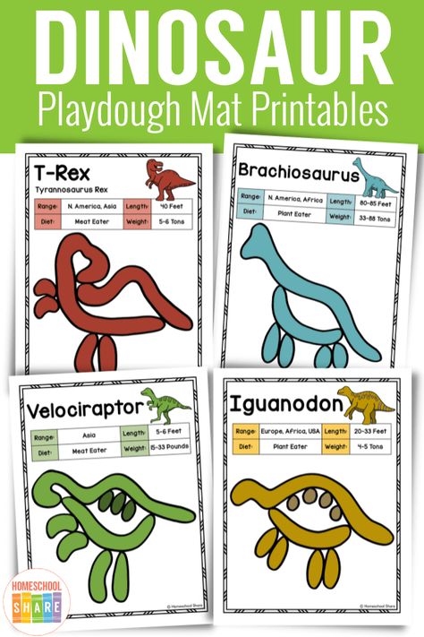 Dinosaur Playdough Mats - Homeschool Share Dinosaur Stem Activities, Dinosaur Playdough, Playdoh Dinosaurs, Dinosaur Curriculum Preschool, Dinosaur Literacy Activities Preschool, Dinosaur Homeschool Unit, Dinosaur Playdough Mats Free, Dinosaur Language Activities Preschool, Dinosaur Playdough Mats