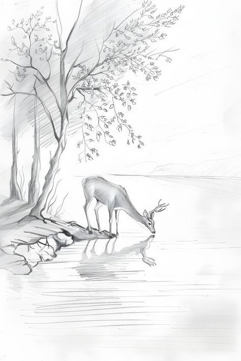 Pencil Art Drawings Sketches Simple Nature, Landscape Sketch Nature, Nature Sketches Pencil, Sketches Landscape, Pencil Sketches Landscape, Deer Sketch, Landscape Pencil Drawings, Deer Drawing, Nature Art Drawings