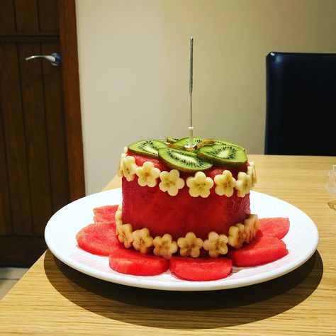 Cake I made for my little ones first birthday! Nice alternative especially if your little one has allergies 1st Birthday Fruit Cake, Fruit Cake For Baby, Birthday Cake Made Out Of Fruit, Fresh Fruit Birthday Cake Ideas, Tooty Fruity Birthday Cake, Cake Made Of Fruit, Fruits Cake, Fruit Birthday Cake, Fresh Fruit Cake