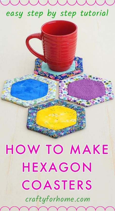 Blue, yellow, purple printed fabric for hexagon coasters and a red mug. Reverse Applique Designs, Reverse Applique Tutorial, Fat Quarter Sewing Projects, Quilt Blocks Easy, Hexagon Coaster, Rug Tutorial, Applique Tutorial, Mug Rug Patterns, Machines Fabric