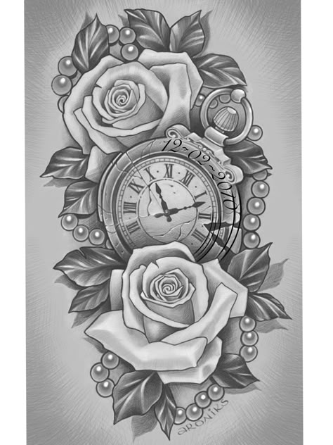 Time Clock Tattoo, Half Sleeve Rose Tattoo, Tattoo Medusa, Dots Tattoo, Clock And Rose Tattoo, Leg Sleeve Tattoos, Watch Tattoo Design, Borboleta Tattoo, Tattoos Butterfly