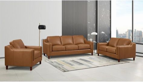 Hydeline Bella Top Grain Leather Sofa, Loveseat and Chair Set, Cognac Top Grain Leather Sofa, Sofa And Chair, Furniture Dimensions, Sofa Loveseat, Mattress Bedroom, Power Reclining Sofa, Leather Living Room Set, Leather Loveseat, Comfort Mattress