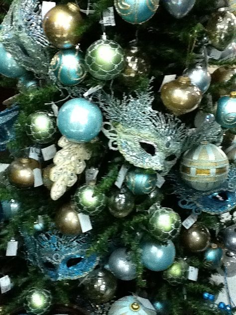 Masquerade Christmas Tree Pencil Tree Decor, Masquerade Holiday Party, Blue Green Christmas, Accents Walls, Christmas Masquerade, Masquerade Party Ideas, Blue And Silver Christmas, Shell Tree, Island Christmas