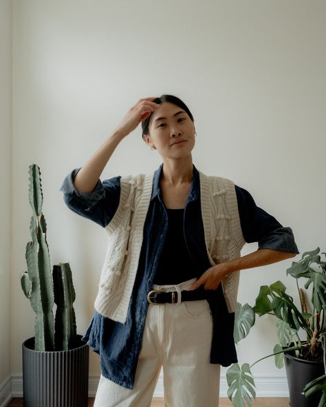 Hey fall, I’m ready for you. I know it’s only August but I’m definitely ready for cooler weather and cozy sweaters. This beautiful knit vest (Dagny Vest in Ivory) from @christydawn is the perfect piece for those in between days. Use code 15CANDICE for a discount! Styled with @rachelpally denim shirt, @sezane belt, @kotn square neck tank #christydawnsteward Fitted Knit Vest, Grandpa Vest Outfit, Oversized Knit Vest Outfit, Sweater And Vest Outfit, Vest Knit Outfit, Sezane Belt, Cardigan Vest Outfit, Knit Vest Outfits For Women, Cream Knit Vest