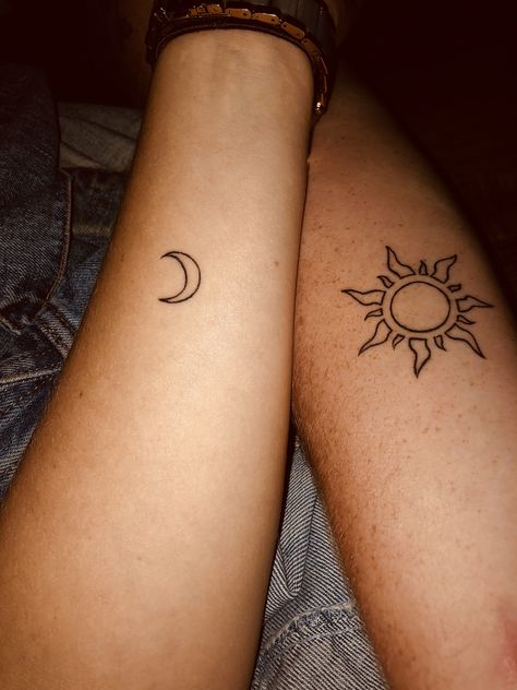 Sunshine Tattoos, Indie Tattoo, Sunshine Tattoo, Moon Sun Tattoo, Matching Tats, Friendship Tattoos, Ship Tattoo, Stylist Tattoos, Matching Tattoo