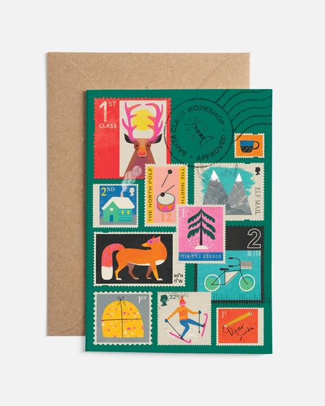 Stamp Illustration Design, Christmas Cards Graphic Design, Christmas Card Graphic, Company Christmas Card, Pretty Postcards, Christmas Branding, Illustrated Envelopes, Illustrated Christmas Cards, Calendar Themes