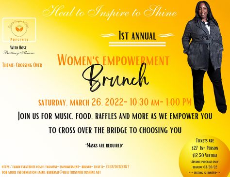 Heyyyy Sis, it’s time to get your cup filled with a lot of love. The wait is over! I am so excited to announce my 1st Annual Women’s Empowerment Brunch is coming. Save the Date: 03/26/22 - What an awesome day to be empowered. The time is now to purchase your tickets so don’t delay because the seating for in-person is limited but you do have the option to purchase a virtual ticket. You deserve to invest in you for 2022. Let’s connect, fellowship, have some sister time and get ready to be Empowerment Brunch Ideas, Women Empowerment Group Ideas, Women Empowerment Brunch, Women Empowerment Topics, Women Empowerment Slogan, Womens Ministry, The Time Is Now, You Deserve, Women Empowerment