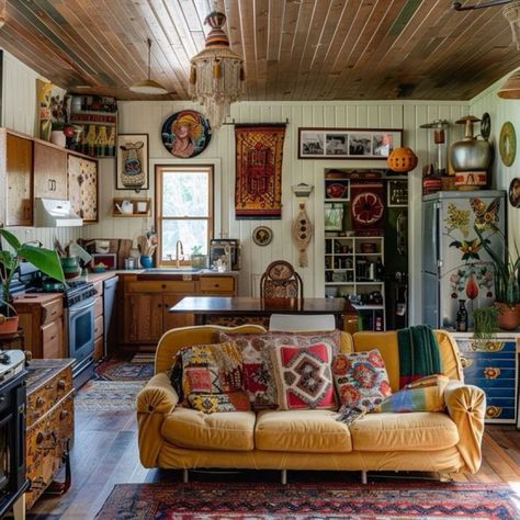 Cozy Maximalist House, Kitchenette In Living Room, Art Deco Boho Living Room, Global Eclectic Decor Inspiration, Maximalist Small Living Room, Boho Country Living Room, Small Living Room Aesthetic, Cozy Boho Kitchen, Country Boho Home