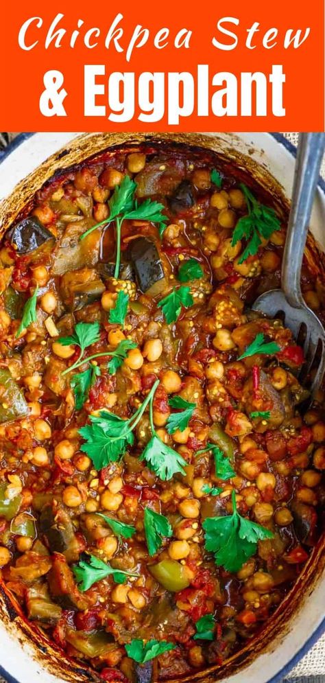 Oh my word! This eggplant recipe is melt-in-your mouth delicious. A great vegan stew with chickpeas and tomatoes, and you'll love the warm flavors. #eggplant #chickpeas #stew #veganrecipes #vegan #greekfood #greekrecipes Eggplant Broccoli Recipes, Ww Eggplant Recipes, Chickpeas Stew, Chickpeas And Tomatoes, Braised Eggplant, Greek Eggplant, Vegan Eggplant Recipes, Pescatarian Meals, Veg Meals