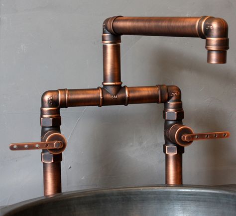 Defined by its superb craftsmanship, the Industrial wide spread lavatory faucet by Margot is an awe-inspiring masterpiece. Industrial serie - shown in matt copper. Visit us at pscbath.com for more product info. Product: Margot #luxury #interiordesigns #Bathroomdesigns Industrial Kitchen Faucet, Industrial Faucet, Copper Faucet, Industrial Style Bathroom, Rustic Bathroom Designs, Rustic Bathrooms, Industrial Shelving, Industrial Kitchen, Lavatory Faucet