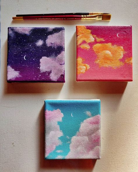 Short Canvas Painting Ideas, Tiny Square Paintings, 3 Small Canvas Painting Ideas, Tiny Paintings Ideas Easy, Tiny Canvas Ideas, Tiny Paintings Ideas, Moon And Trees, Cloud And Moon, Tiny Paintings