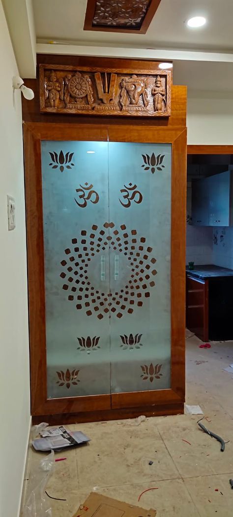 Glass Pooja Room Door, Mandir Glass Door Design Puja Room, Pooja Room Glass Door Design Indian, Pooja Room Glass Door Designs, Mandir Glass Door Design, Pooja Room Door Design Modern, Pooja Units, Pooja Cabinet, Mandir Ideas