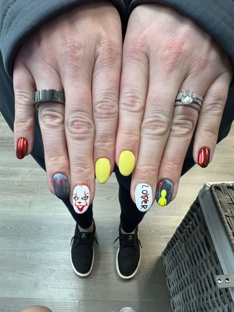 Nail Art, IT, Pennywise, Scary, Clown, Nails, Russian Manicure Pennywise Nails, The Movie It, Russian Manicure, Inspired Nails, Dear God, Halloween Nails, The Movie, Nail Ideas, Cute Nails