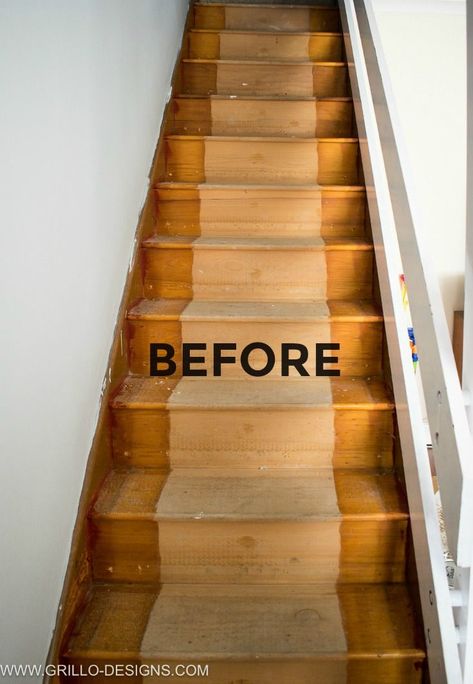 Stairs transformation with paint and carpet - click to see the after! #grillodesigns #stairsmakeover #paintedstairs Ombré Stairs, French Vintage Living Room, Painted Stair Risers, Stairs Makeover Ideas, Stair Renovation, Stair Ideas, Stair Makeover, Stairs Makeover, Staircase Remodel