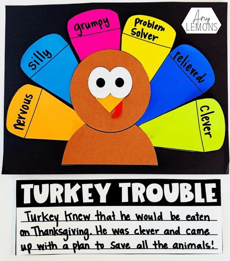 The book Turkey Trouble is the perfect read-aloud to use with Thanksgiving reading activities. This digital and printable reading unit is the perfect book companion and I have created a FREE turkey summary reading activity to be used with the book so you know just what you are getting into. Students will have a blast retelling the story on the feathers of a turkey craft, identifying and analyzing the turkey's character traits, plus we include teaching videos for vocabulary! Turkey Trouble Activities, Thanksgiving Reading Activities, Summarizing Activities, Thanksgiving Lesson Plans, Turkey Trouble, Book Turkey, Thanksgiving Readings, Amy Lemons, Reading Unit