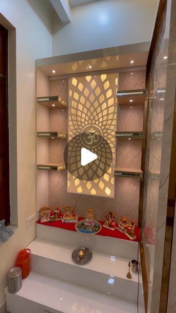 Mandir Om Design, Mandir Glass Design, Om Design For Mandir, Mandir Design In Living Room, Modern Mandir Design, Modern Mandir, Mandir Designs, Makeup Glasses, Mandir Decoration