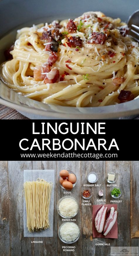 Linguine Carbonara - Weekend at the Cottage Linguine Sauce Recipes, Carbonara Pasta For Two, Linguine Carbonara Recipes, Sauce For Linguine Noodles, Pasta Recipes Carbonara, Egg Carbonara, Pork Parmesan, Italian Recipes For Dinner, Linguine Carbonara