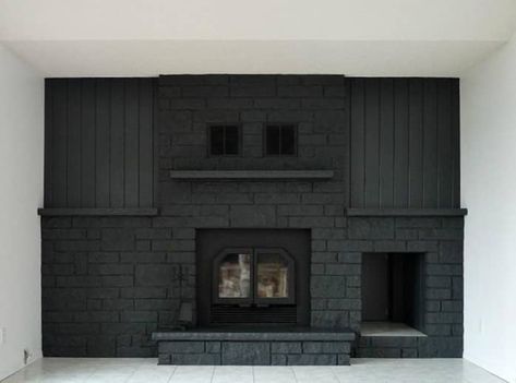 Gray Living Room Paint Colors, Black Tile Fireplace, Black Living Room Ideas, Grey Paint Living Room, Black Brick Fireplace, Painting Brick, Black Mantle, Fireplace Black, Mantle Fireplace