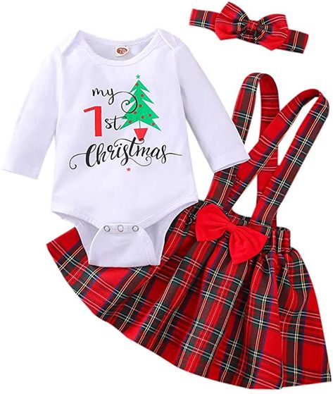 Amazon.com: Newborn Baby Girl Christmas Outfits My 1st Christmas Romper+Suspender Skirt +Headband Overall Clothes Set: Clothing Newborn Christmas Outfit, Christmas Baby Romper, My First Christmas Outfit, My 1st Christmas, Christmas Dress Baby, Christmas Romper