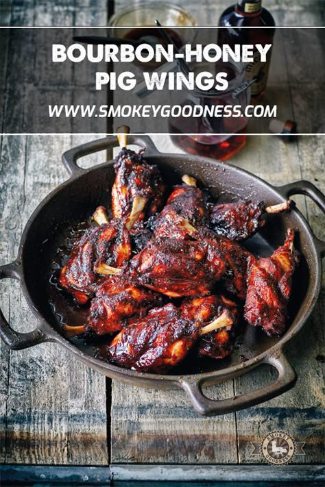 Pork Wings Recipes, Hog Wings Recipe, Pig Wings Recipe, Hog Wings, Pork Wings, Wings Bbq, Bourbon Honey, Bbq Appetizers, Bbq Pig