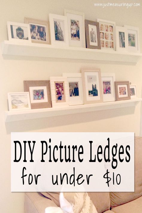 Shelf Decor Picture Frames, Diy Floating Picture Ledge, Picture Ledge Diy Floating Shelves, Diy Picture Ledge How To Make, Diy Picture Frame Shelves, Diy Photo Ledge Shelf, Diy Photo Ledge, Floating Picture Shelves, Long Picture Ledge