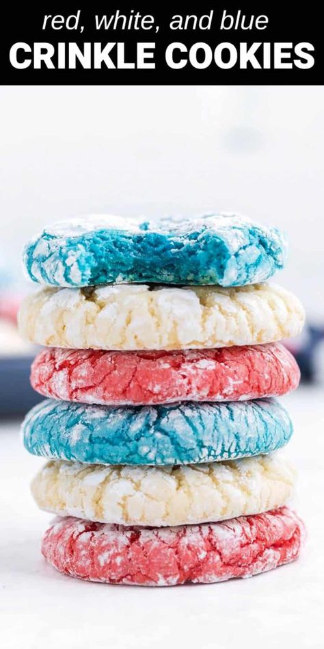 These red, white, and blue crinkle cookies are a fun and patriotic treat that’s perfect for your Fourth of July celebration. Colorful and delicious, these festive cookies are an eye-catching treat that everyone will want to try! Blue Crinkle Cookies, Amazing Easy Recipes, Crackle Cookies, Patriotic Treats, Cake Batter Cookies, Fourth Of July Celebration, Lemon Crinkle Cookies, Patriotic Desserts, Blue Cookies