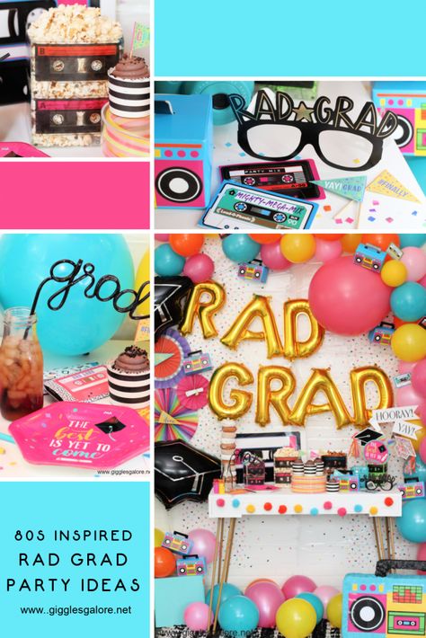 80s inspired rad grad party ideas 80s Graduation Party, Unique Party Decoration Ideas, Unique Graduation Party Ideas, Brunch Gifts, Kid Friendly Party, Grad Party Theme, Unique Party Decor, 90s Theme Party, Candy Bar Party