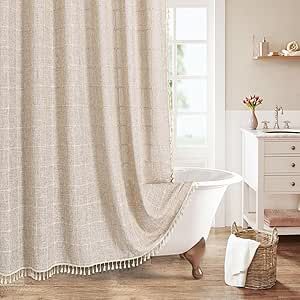 MitoVilla Boho Farmhouse Shower Curtain Set, Modern Cotton Linen Fabric Cloth Shower Curtains for Neutral Country Bathroom Decor, Tan Brown Bohemian Rustic, Taupe, 72 x 72 Curtains With Tassels, Country Bathroom Decor, Farmhouse Shower Curtain, Cloth Shower Curtain, Rustic Fabric, Farmhouse Shower, Modern Shower Curtains, Bath Collection, Boho Shower Curtain