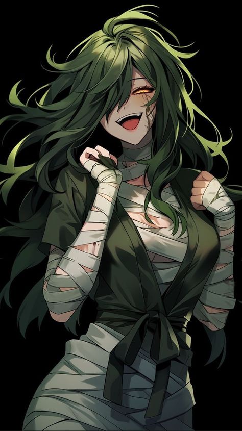 Anime Green Hair, Anime Zombie, Persona Anime, Anime Monsters, Roleplay Characters, Zombie Girl, Anime Monochrome, Fanarts Anime, Green Hair