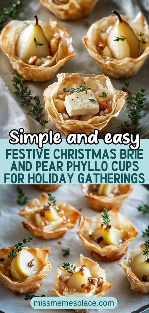 Elevate your holiday parties with these Festive Christmas Brie and Pear Phyllo Cups! The creamy richness of Brie cheese meets the sweet juiciness of ripe pears, all nestled in flaky, golden phyllo pastry. Perfect as appetizers or a delightful addition to your buffet, these bites are simple to prepare and sure to impress your guests. Drizzled with honey and sprinkled with fresh thyme, each cup bursts with flavor, making them the standout dish of the season. Pear Brie Arugula Appetizer, Christmas Party Small Bites, Pear Cheese Appetizer, Appetizers With Pears, Pear Appetizers Holiday Parties, Pear And Cheese Appetizer, How To Prepare Brie Cheese, Brie And Pear Appetizer, Brie Wreath