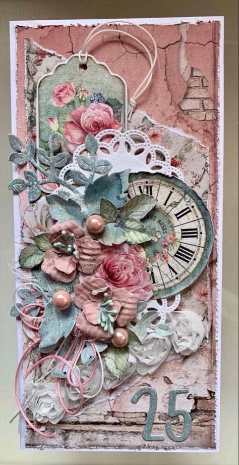 Shabby Chic Cards Handmade, Vintage Cards Handmade, Card With Flowers, Handmade Journals Diy, Creative Birthday Cards, Mixed Media Cards, Shabby Chic Cards, Atc Cards, Vintage Junk Journal