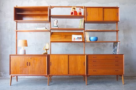 Danish Wall Unit, Limewash Room, Danish Bookshelf, Mcm Wall Unit, Shelving Inspiration, Living Room 60s, Dresser Bookshelf, Mcm Office, Pull Out Desk