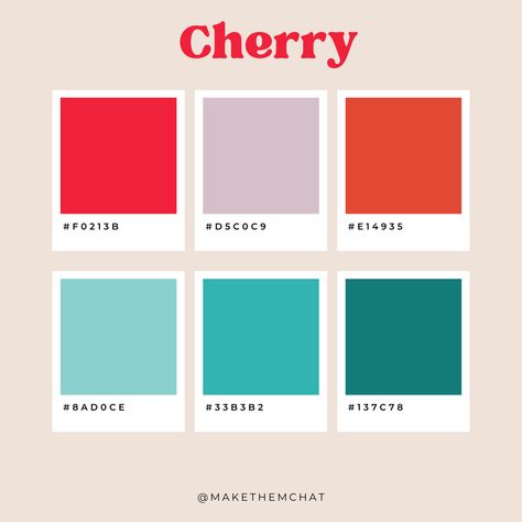 Perfect pop of red mixed in with some other fun colors! This will make any brand "pop"! Cherry Red Color Palette, Cherry Color Palette, Color Palette With Red, Pop Color Palette, Boutique Website Design, Color Palette Hex Codes, Fun Color Palette, Pallet Color, Aesthetic Macbook